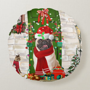 Pug Dog Christmas Round Pillow