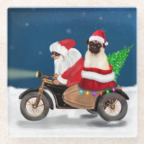 Pug Dog Christmas Santa Claus Glass Coaster