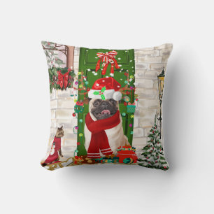 Pug Dog Christmas Throw Pillow