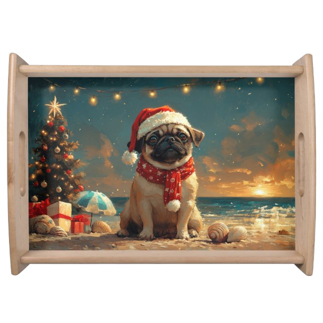 Pug Dog Christmas Vintage Beach Serving Tray (Front)