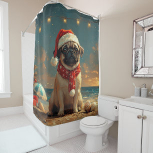 Pug Dog Christmas Vintage Beach Shower Curtain