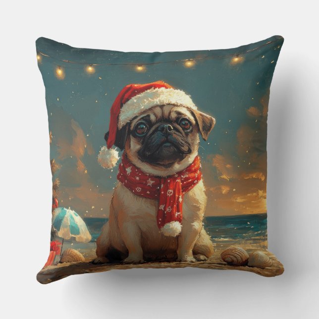 Pug Dog Christmas Vintage Beach Throw Pillow (Back)