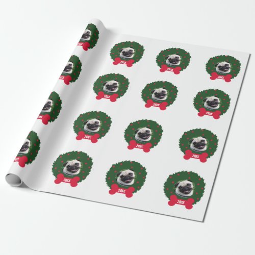 Pug Dog Christmas Wreath Puppys Photo Year Name Wrapping Paper