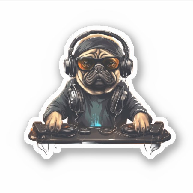 Pug dog dj, Music Lover, Dog lover, Pug lover Sticker (Front)