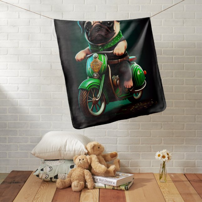 Pug Dog Driving Bike St. Patrick's Day Baby Blanket (In Situ)