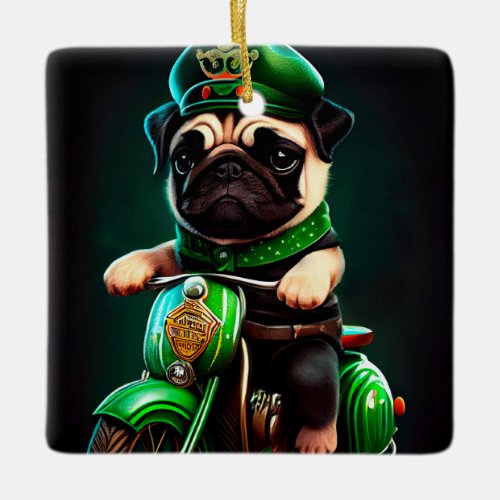 Pug Dog Driving Bike St Patricks Day Ceramic Ornament