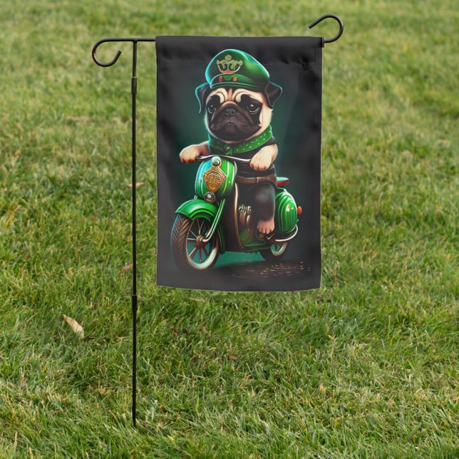 Pug Dog Driving Bike St. Patrick's Day Garden Flag (In SItu)