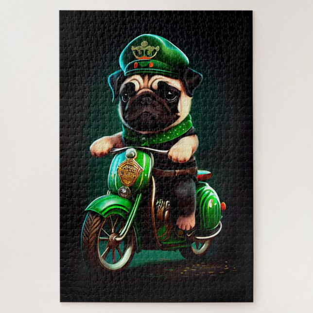 Pug Dog Driving Bike St. Patrick's Day Jigsaw Puzzle (Vertical)