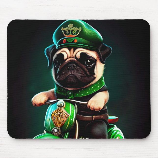 Pug Dog Driving Bike St. Patrick's Day Mouse Pad (Front)