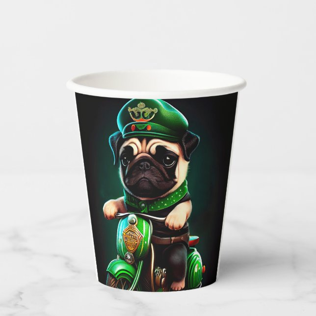 Pug Dog Driving Bike St. Patrick's Day Paper Cups (Front)