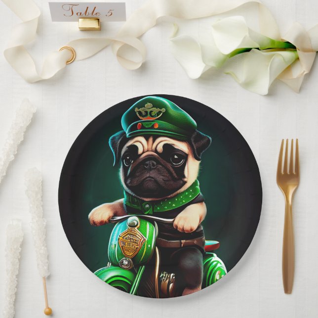Pug Dog Driving Bike St. Patrick's Day Paper Plates (Wedding)