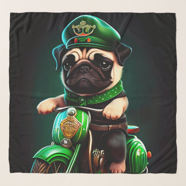 Pug Dog Driving Bike St. Patrick's Day Scarf (Front)
