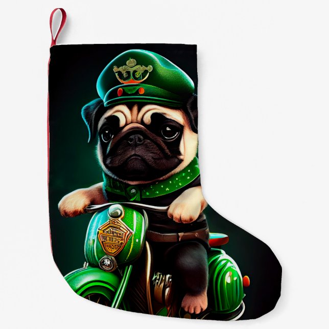 Pug Dog Driving Bike St. Patrick's Day Small Christmas Stocking (Front)