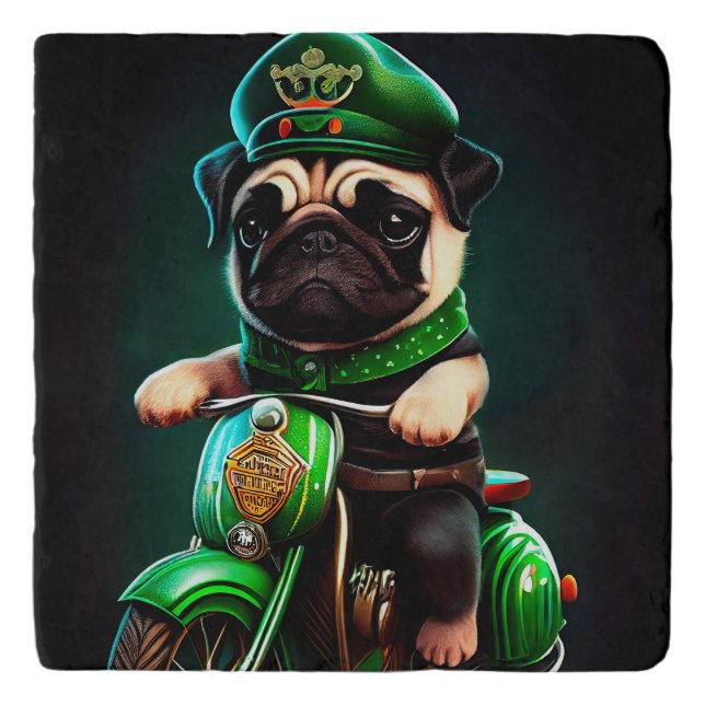 Pug Dog Driving Bike St. Patrick's Day Trivet (Front)