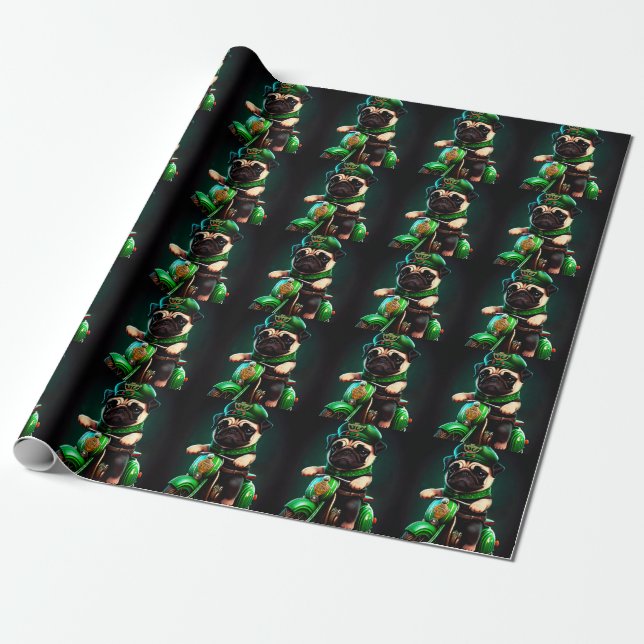 Pug Dog Driving Bike St. Patrick's Day Wrapping Paper (Unrolled)