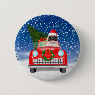 Pug Dog Driving Car In Snow Christmas Button