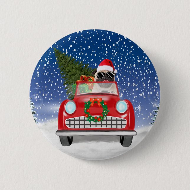 Pug Dog Driving Car In Snow Christmas  Button (Front)