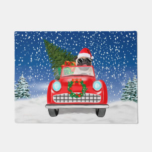 Pug Dog Driving Car In Snow Christmas Doormat