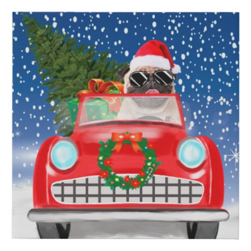 Pug Dog Driving Car In Snow Christmas Faux Canvas Print