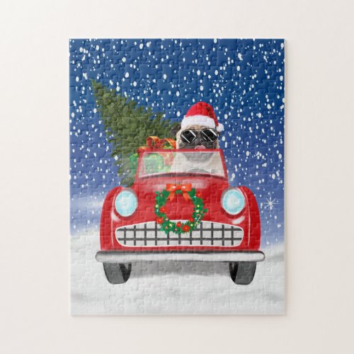 Pug Dog Driving Car In Snow Christmas  Jigsaw Puzzle