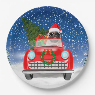 Pug Dog Driving Car In Snow Christmas   Paper Plates
