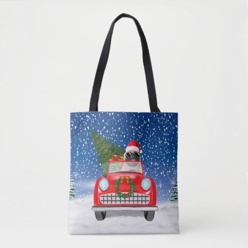 Pug Dog Driving Car In Snow Christmas   Tote Bag