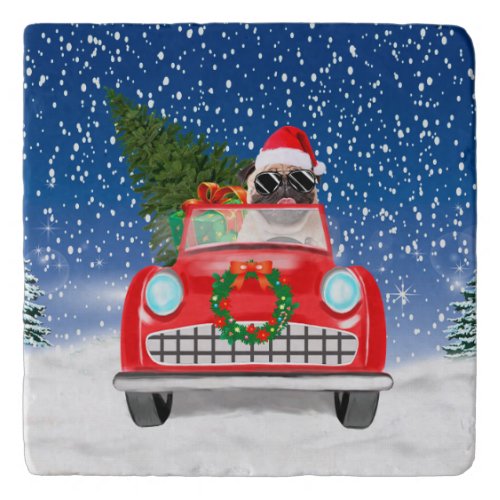 Pug Dog Driving Car In Snow Christmas   Trivet