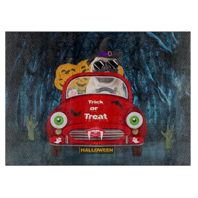 Pug  Dog Driving Car Scary Halloween Cutting Board (Front)