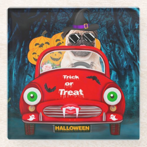 Pug  Dog Driving Car Scary Halloween Glass Coaster