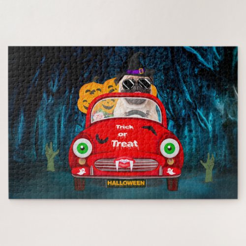 Pug Dog Driving Car Scary Halloween  Jigsaw Puzzle