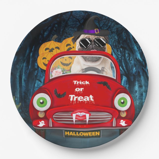 Pug  Dog Driving Car Scary Halloween  Paper Plates (Front)
