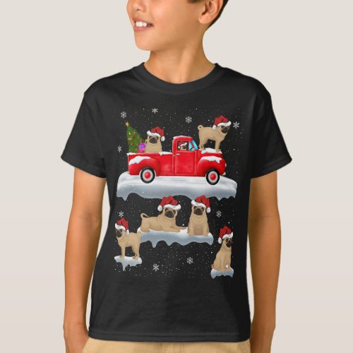 Pug Dog Driving Christmas Tree Red Truck Pug Chris T_Shirt
