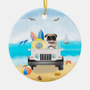 pug Dog Driving on Beach  Ceramic Ornament