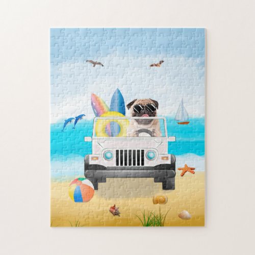 pug Dog Driving on Beach  Jigsaw Puzzle