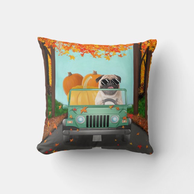 Pug Dog Fall Pumpkin Throw Pillow (Front)