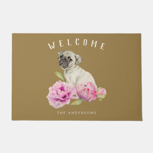 Pug Dog Floral Welcome  Add Family Name Doormat