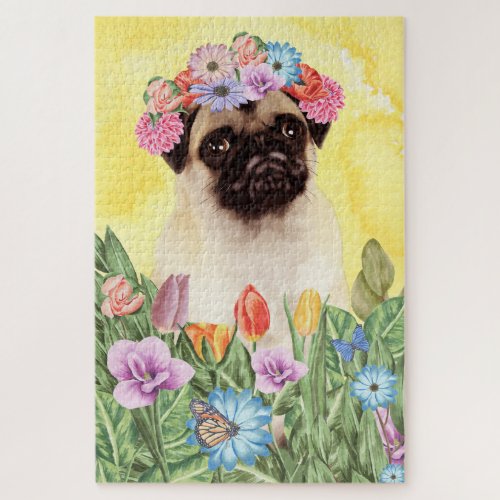 Pug Dog Flowers Jigsaw Puzzle