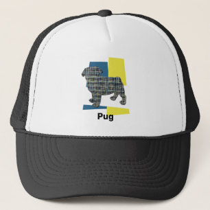 Pug Dog French Cut Silhouette Tricolour Grid Trucker Hat