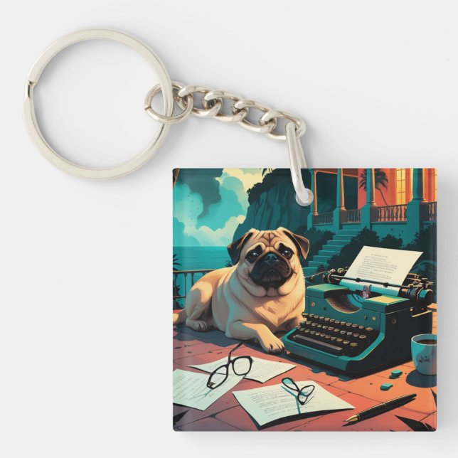 Pug Dog gentleman vintage  Keychain (Front)