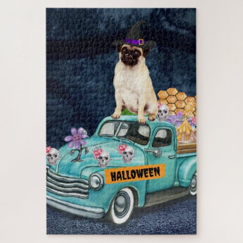 Pug Dog Halloween Truck Scary Night  Jigsaw Puzzle