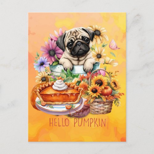 Pug Dog Hello Pumpkin Fall Autumn Thanksgiving   Holiday Postcard