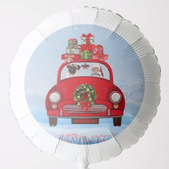 Pug Dog In Car With Santa Claus Balloon (Front)