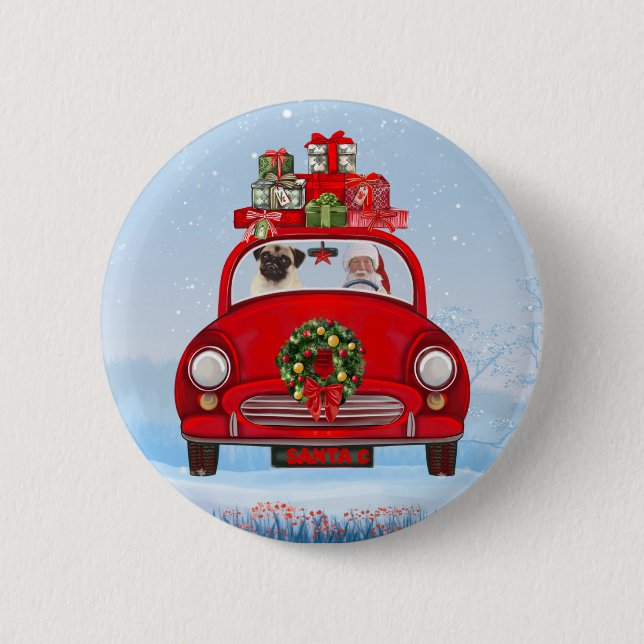 Pug Dog In Car With Santa Claus Button (Front)