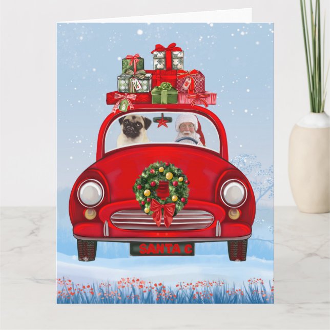 Pug Dog In Car With Santa Claus Card (Front)