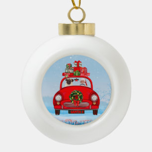Pug Dog In Car With Santa Claus Ceramic Ball Christmas Ornament