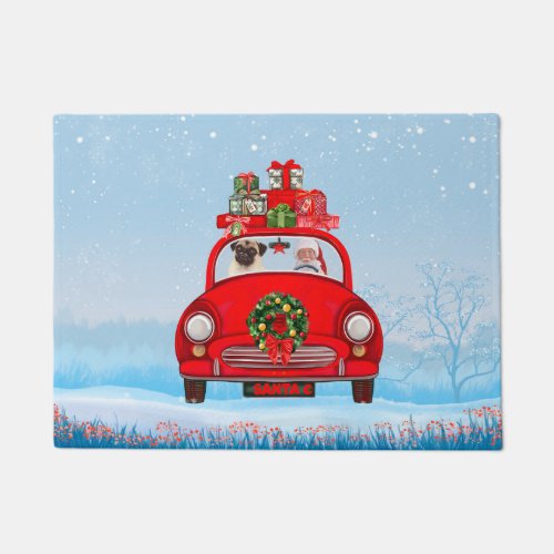 Pug Dog In Car With Santa Claus Doormat