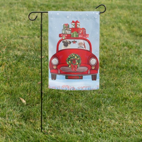 Pug Dog In Car With Santa Claus Garden Flag