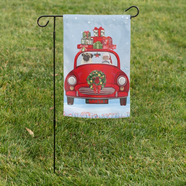 Pug Dog In Car With Santa Claus Garden Flag (In SItu)