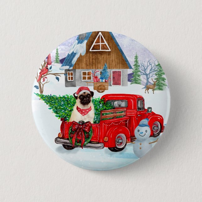 Pug Dog In Christmas Delivery Truck Snow Button (Front)
