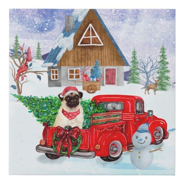 Pug Dog In Christmas Delivery Truck Snow Faux Canvas Print (Front)